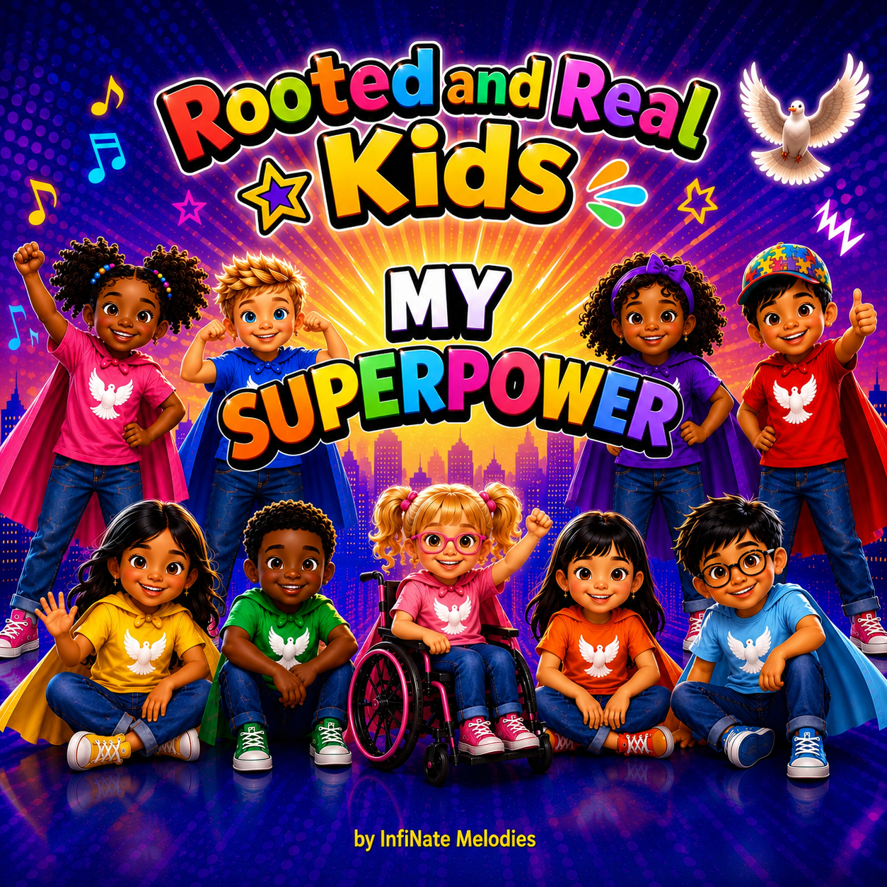 Rooted and Real Kids My Superpower artwork with diverse children as superheroes