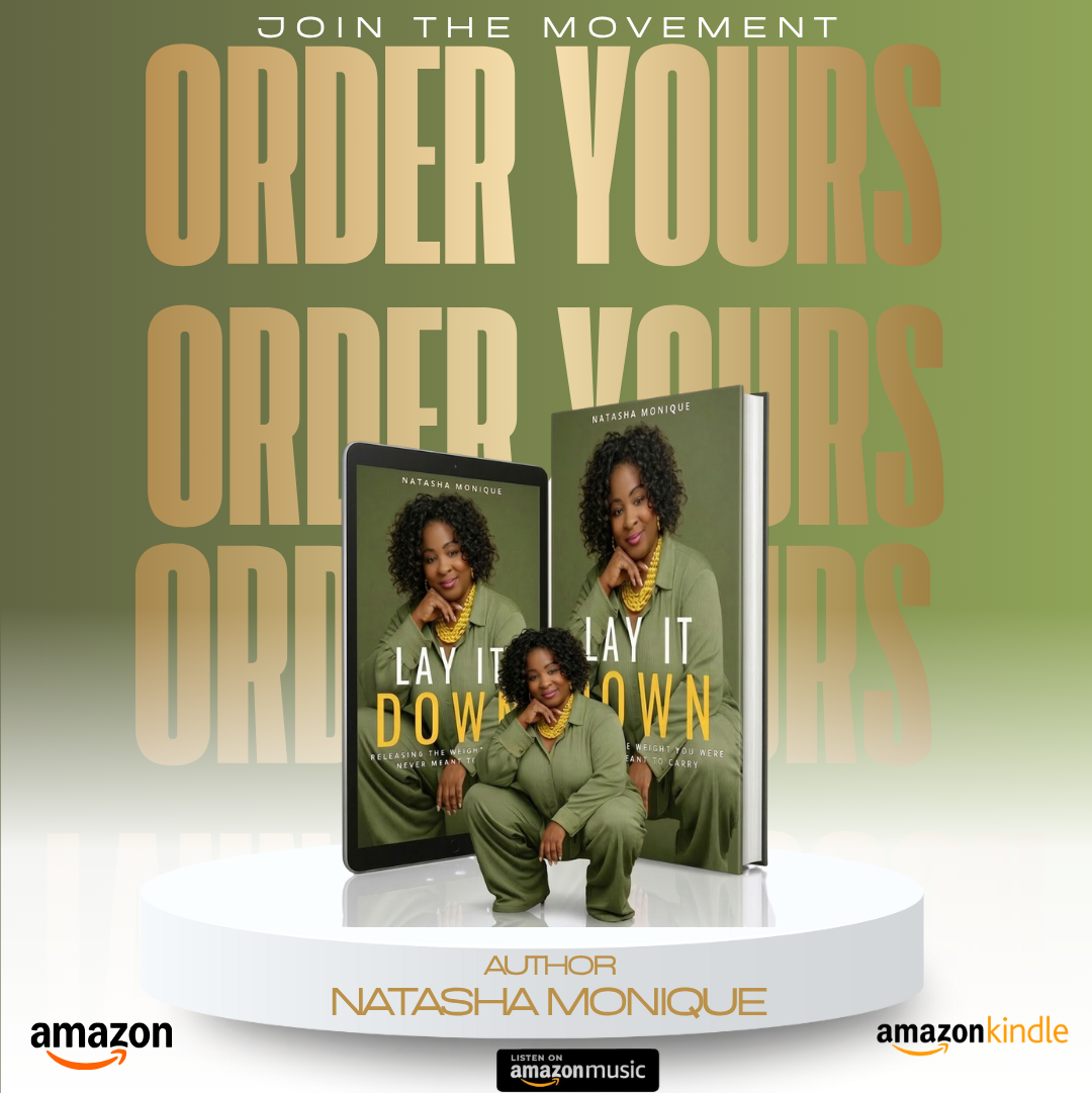 Lay It Down Order Yours promotional graphic with paperback and tablet mockups and Amazon retailer logos