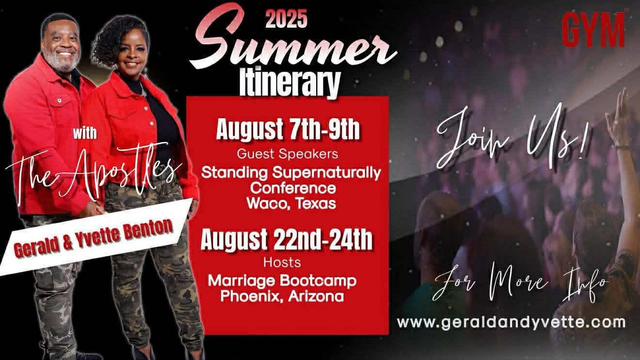 GYM 2025 Summer Itinerary graphic featuring Gerald and Yvette Benton with August conference dates