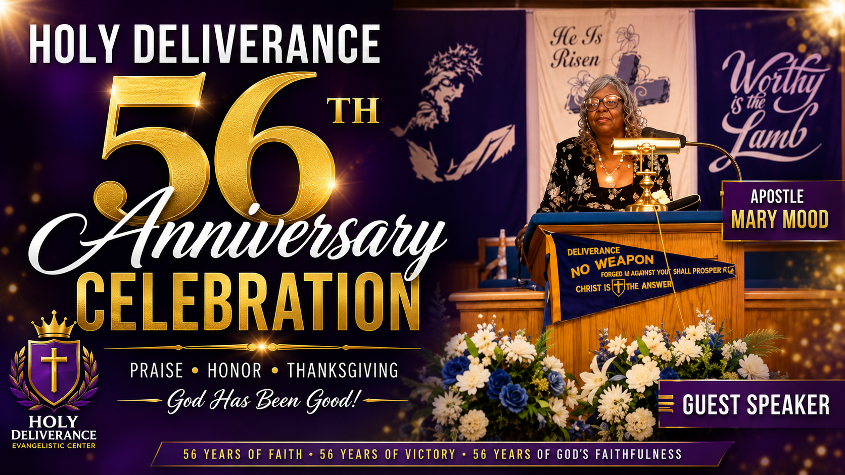 Holy Deliverance 56th Anniversary Celebration event graphic featuring Apostle Mary Mood