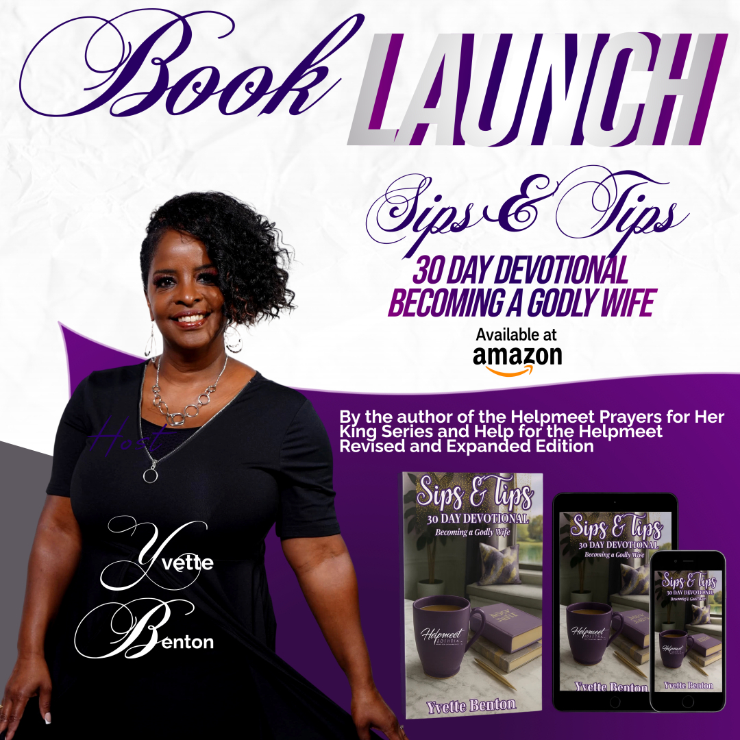 Sips & Tips book launch promotional graphic for author Yvette Benton with paperback and device mockups